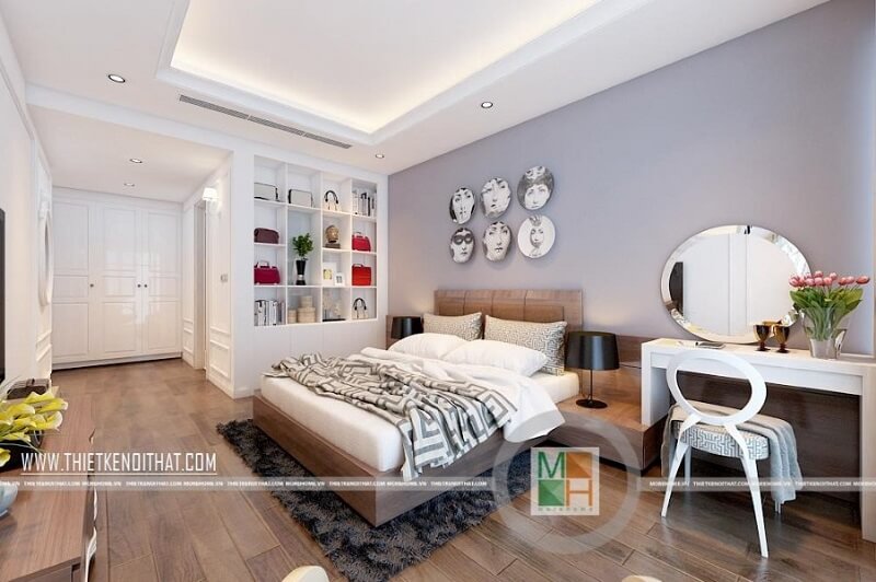 Mẫu giường ngủ chung cư hiện đại bọc da đầu giường màu nâu mang đến cảm giác sang trọng cho căn phòng ngủ của gia chủ Thiết kế chung cư