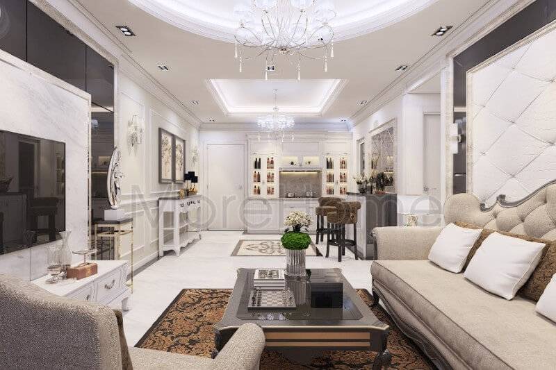 Mẫu thiết kế phòng khách chung cư đẹp là sự kết hợp hài hòa của nét đẹp hiện đại trẻ trung khỏe khoắn cộng với sự mềm mại sang trọng của phong cách nội thất cổ điển Mẫu nội thất chung cư tân cổ điển