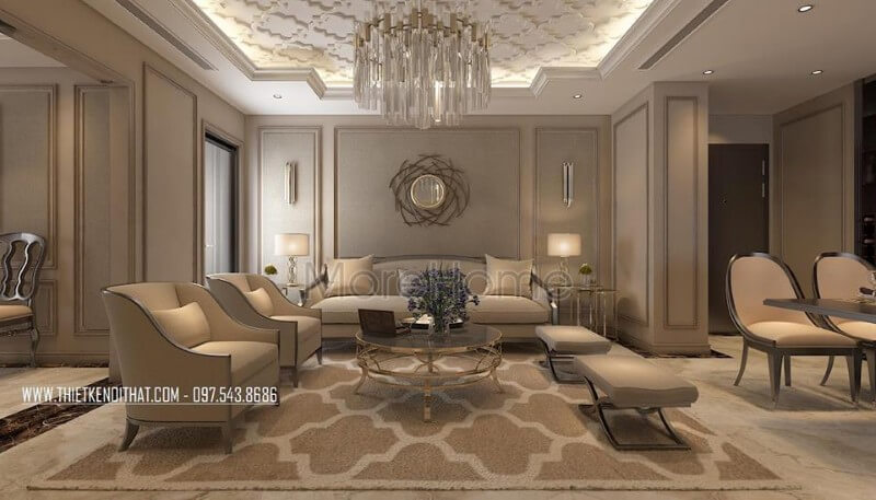 Thiết kế nội thất phòng khách được lựa chọn tông màu xám lạnh là chủ đạo. Mẫu nội thất chung cư tân cổ điển
