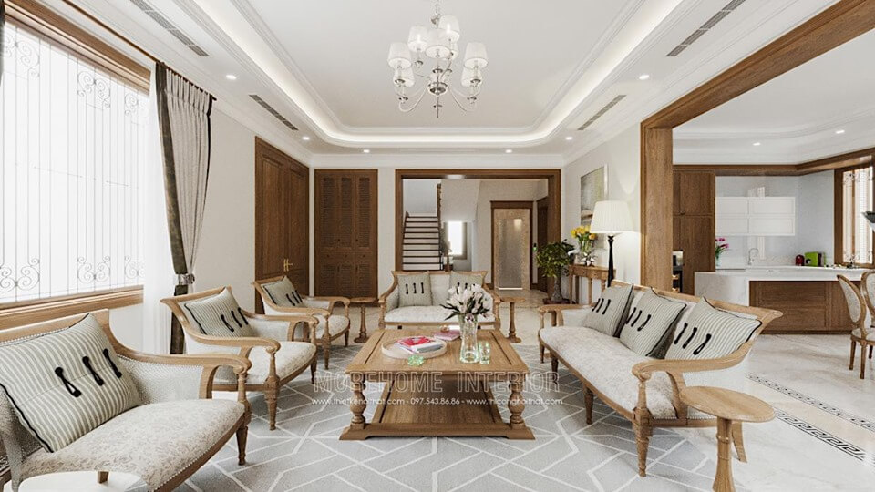 Thiết kế nội thất phòng khách biệt thự Bắc An Khánh phong cách á đông hiện đại Thiết kế nội thất biệt thự