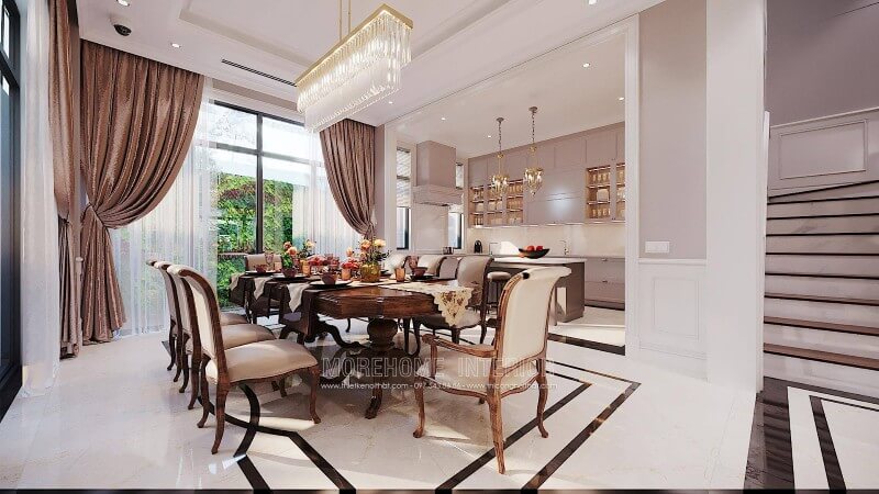 Thiết kế phòng ăn gỗ óc chó nhập khẩu sang trọng cho biệt thự Ciputra Tây Hồ Hà Nội Thiết kế phòng bếp biệt thự