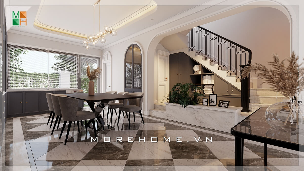 Hiện nay việc bố trí phòng ăn không gian mở rất được ưa chuộng, giúp cho không gian phòng được mở rộng thoáng đãng hơn và những bữa ăn sẽ trở nên vui vẻ, hứng khởi hơn nhờ nguồn năng lượng từ ánh sáng thiên nhiên Thiết kế phòng bếp biệt thự