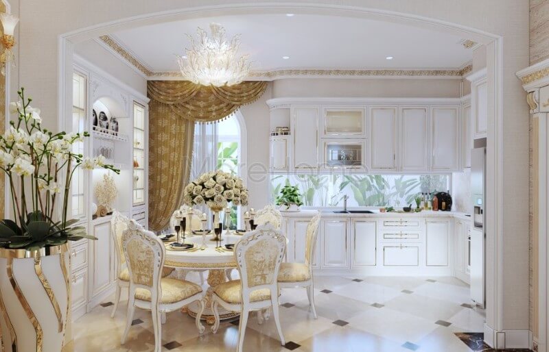 Thiết kế khu vực phòng ăn biệt thự theo xu hướng mở, tạo cảm giác rộng thoáng hơn cho không gian dùng bữa của gia chủ Thiết kế phòng bếp biệt thự