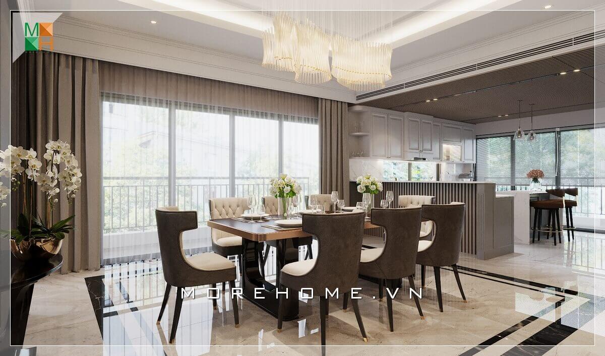 Mẫu thiết kế phòng ăn liền phòng bếp sang trọng, đẳng cấp cho biệt thự với hệ cửa kính ban công 4 cánh giúp mở rộng không gian căn phòng và lấy ánh sáng tự nhiên Thiết kế phòng bếp biệt thự