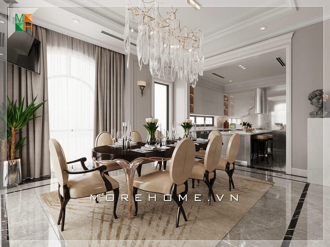Thiết kế nội thất phòng bếp và phòng ăn đẹp theo phòng cách tân cổ điển cho biệt thự, nhà phố, chung cư cao cấp. Thiết kế phòng bếp biệt thự