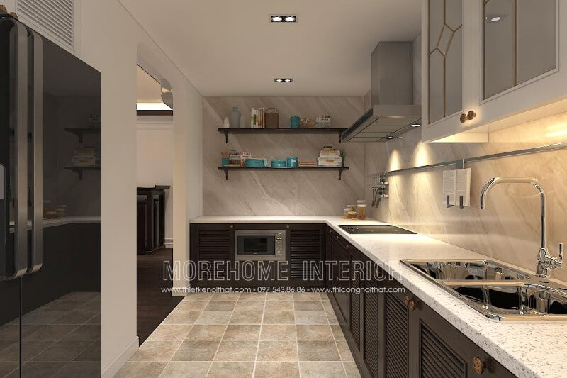 Trang trí nội thất phòng bếp đẹp với tủ bếp hiện đại, phần mặt bếp được gia chủ lựa chọn ốp đá nhân tạo solid surface LG giúp cho người nấu dễ dàng lau chùi và vệ sinh hơn Tủ bếp hiện đại, tủ bếp chữ u, tủ bếp chữ i, tủ bếp chữ l