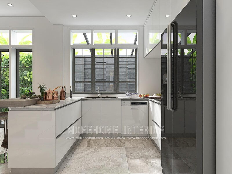 Mẫu tủ bếp gỗ chữ U hiện đại, bề mặt bếp ốp đá vân mây mang lại sự sạch sẽ cho cả không gian Tủ bếp hiện đại, tủ bếp chữ u, tủ bếp chữ i, tủ bếp chữ l