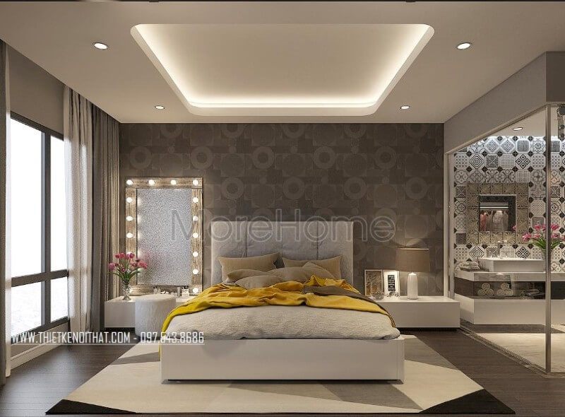 Thiết kế nội thất phòng ngủ chung cư hiện đại với các tone màu nhẹ nhàng mang đến sự ấm áp và yên bình cho không gian riêng tư của gia chủ.