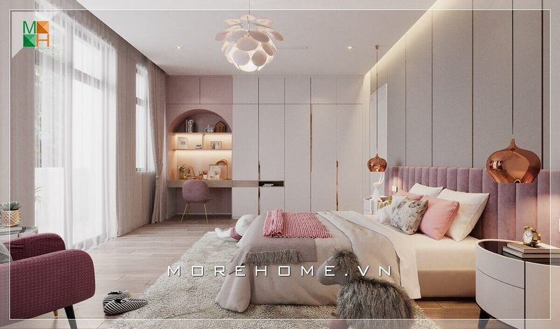 Thiết kế tap đầu giường hình elip lạ mắt, với đèn ngủ thả trần kiểu dáng độc đáo, mang đến vẻ đẹp hiện đại mà cao cấp cho phòng ngủ