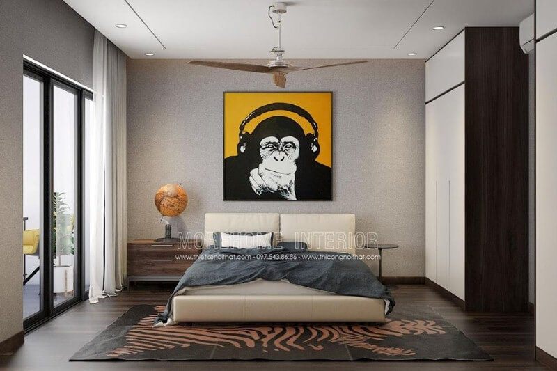 Thiết kế phòng ngủ hiện đại đẹp với tranh canvas treo tường cùng quả địa cầu độc đáo.
