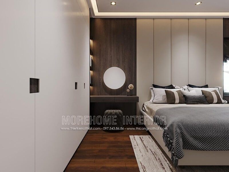 Bố trí nội thất phòng ngủ đẹp với gỗ ốp tường vân óc chó sang trọng.