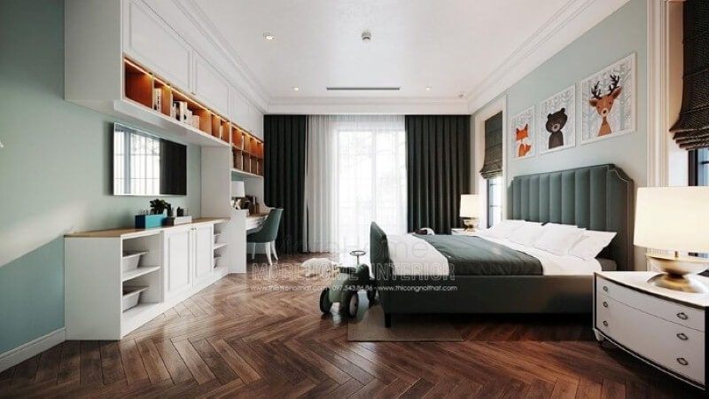 Bàn học liền kệ tivi, kệ trang trí đẹp cho phòng con