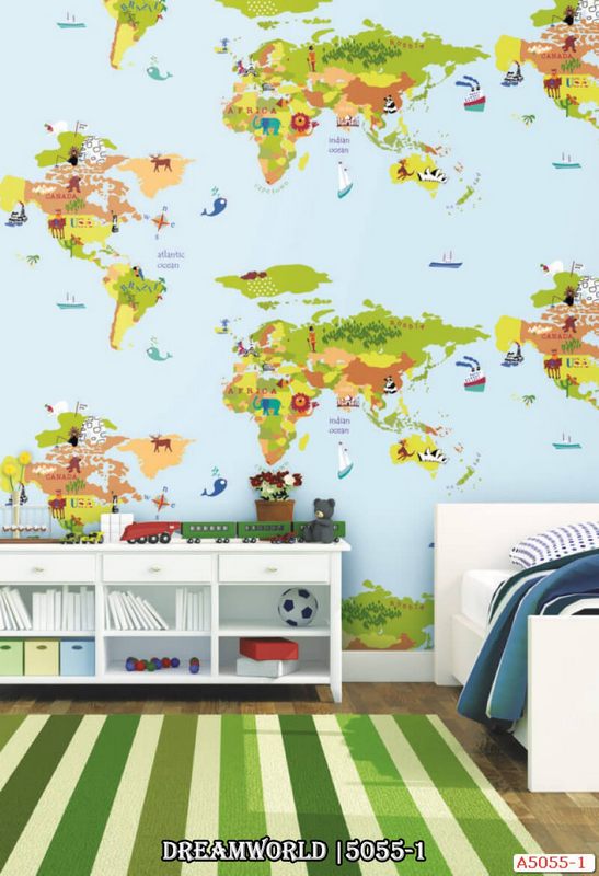 Còn gì tuyệt vời hơn khi những bức tường trong phòng con được trang trí bởi mẫu giấy dán tường bản đồ thế giới này.