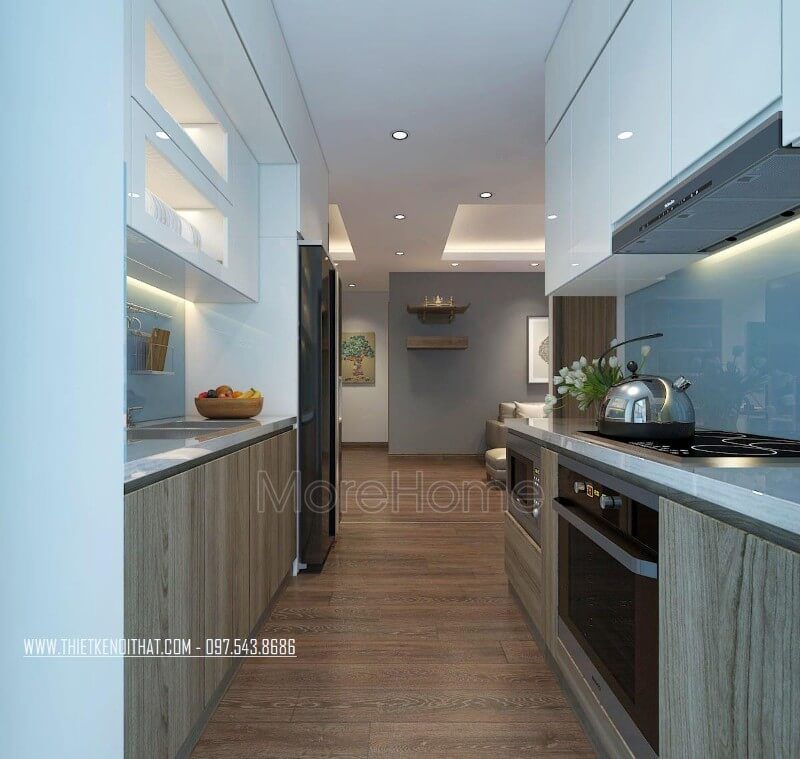 Sự nhẹ nhàng và tươi mát của gian bếp chung cư đến từ sắc xanh da trời nhẹ nhàng, mát mẻ của kính ốp bếp tạo sự thoải mái cho người nội trợ khi nấu nướng.