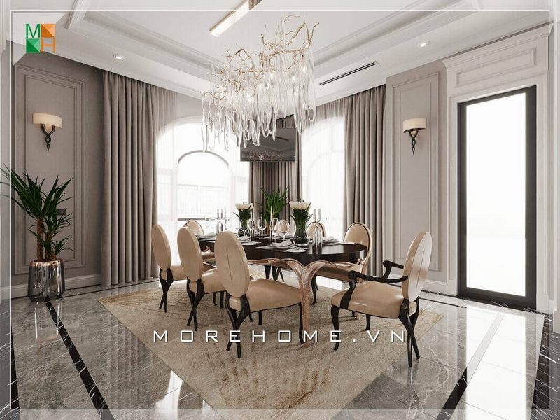 Việc lựa chọn đèn chùm phù hợp với không gian căn phòng ăn biệt thự cũng rất quan trọng, nó thể hiện phong cách tân cổ điển và tính thẩm mỹ cao của gia chủ.