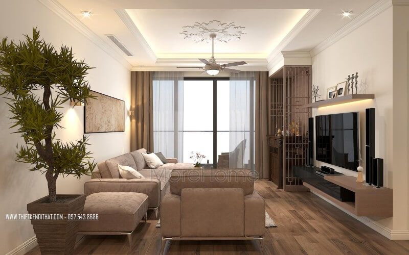 Hệ kệ tivi gỗ công nghiệp trong không gian này được thiết kế đơn giản nhưng đáp ứng đầy đủ công năng và thẩm mỹ