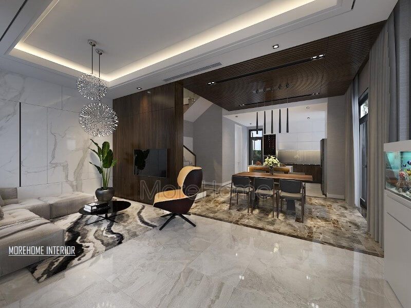 Mẫu trang trí phòng khách liền bếp hiện đại, độc đáo với đá làn sát phòng ăn tạo không gian ngầm tách biệt giữa khách và bếp.