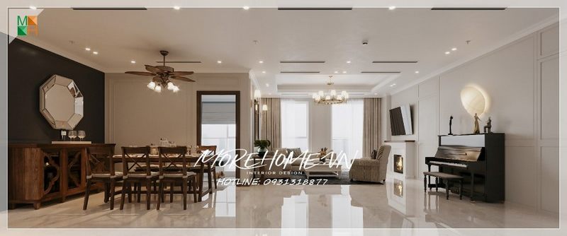 Bộ bàn 6 ghế gỗ phòng ăn và bộ ghế sofa phòng khách như 2 phong cách kết hợp giữa một bên cổ điển và hiện đại tạo nên điểm khác lạ cho mỗi khu vực nhưng nổi bật cho tổng thể chung cư hiện đại