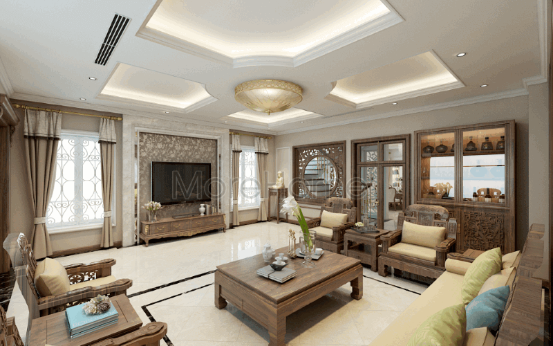 Thiết kế nội thất phòng khách phong cách Á Đông sang trọng, đẳng cấp tại biệt thự Riverside Nguyễn Duy Trinh, Quận 2, Tp. Hồ Chí Minh.