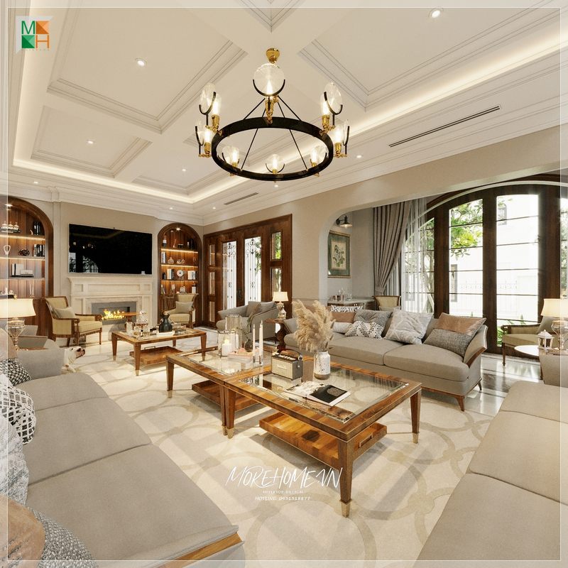 Bộ ghế sofa kết hợp với bàn trà mang đến sự sang trọng và ấn tượng cho không gian căn phòng.
