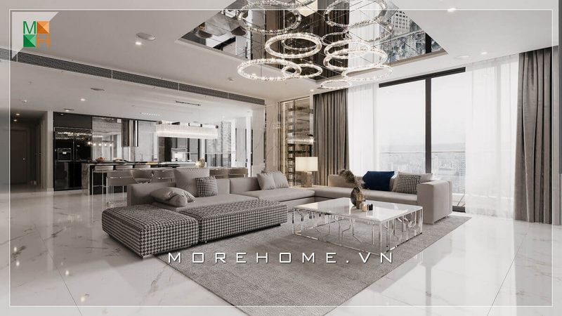 Mẫu thiết kế phòng khách với trần được trang trí bằng những tấm gương ghép ô kết hợp đèn chùm kiểu dáng lạ mắt, mang đến không gian phòng khách vô cùng sang chảnh cao cấp