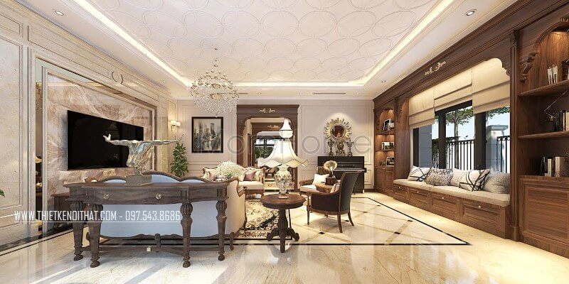 Kệ trang trí gỗ óc chó phong cách tân cổ điển đẹp được bày bán tại phòng khách biệt thự Vinhomes Greenbay Hà Nội.