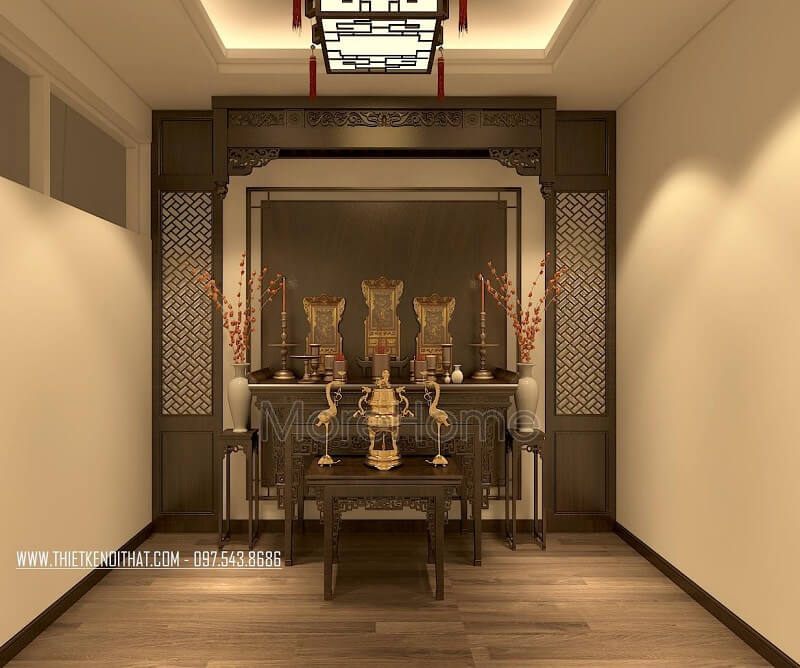 Biệt thự An Bình City được trang bị nội thất phòng thờ tân cổ điển với màu nâu sáng tinh tế.