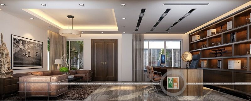 .Nội thất văn phòng hiện đại bao gồm sofa da cao cấp, bàn làm việc gỗ tự nhiên và kế sách ốp tường đẹp. Bố trí hài hòa của nó tạo nên một không gian làm việc lý tưởng.